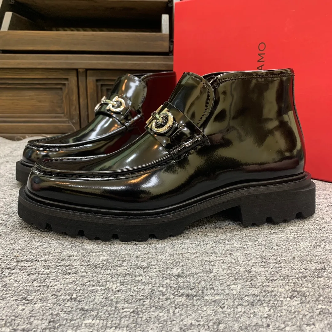 Men's shoes 💰960 🎁🎁🎁😈[Ferragamo] Men's high-top boots, the latest hot style, 1:1 original purchase quality, top quality, imported cowhide for the uppers, imported cowhide for the lining and feet, with original lightweight foam outsole, matching code 39-44, (38, 45 custom-made, non-refundable)